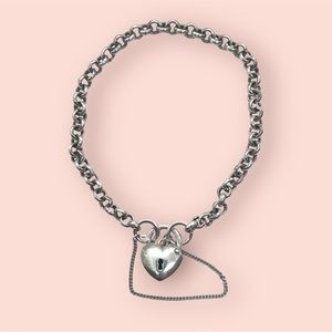 Heart Padlock Bracelet Sterling Silver Belcher Link